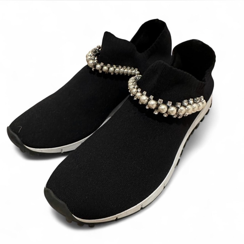 Jimmy Choo Verona Black slip on Sneskers with Pearl and Crystal accent sz 39